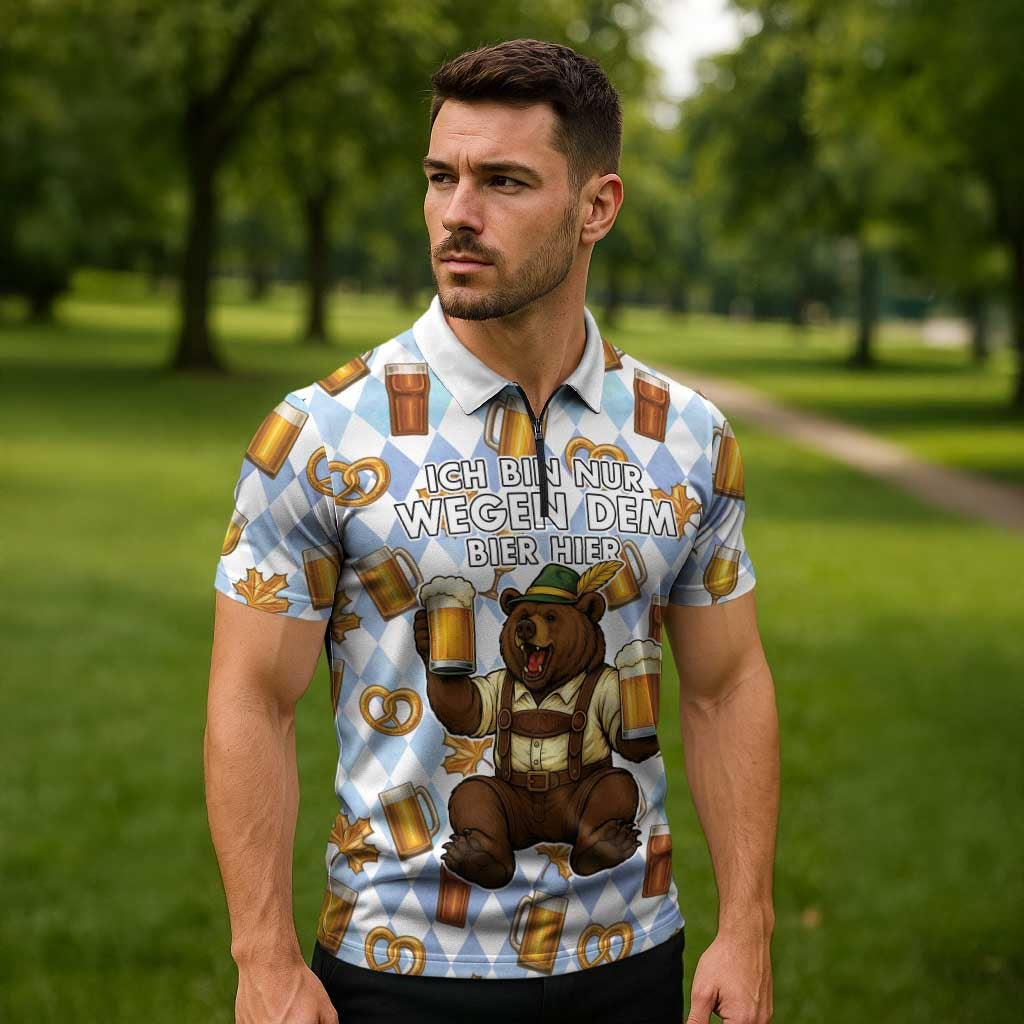 Funny Beer Oktoberfest Zipper Polo Shirt Ich Bin Nur Wegen Dem Bier Hier - Wonder Print Shop