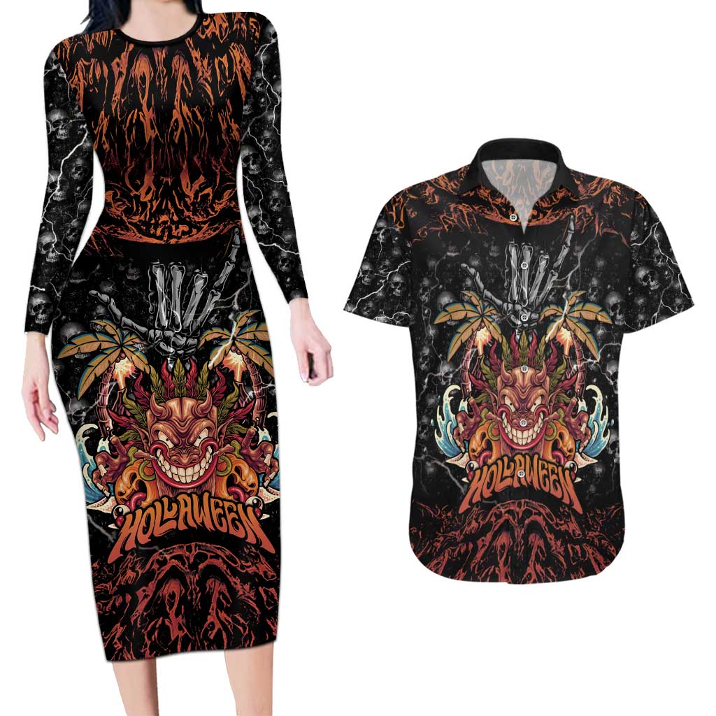 Aloha Halloween Couples Matching Long Sleeve Bodycon Dress and Hawaiian Shirt Horror Tiki Heavy Metal Style - Wonder Print Shop