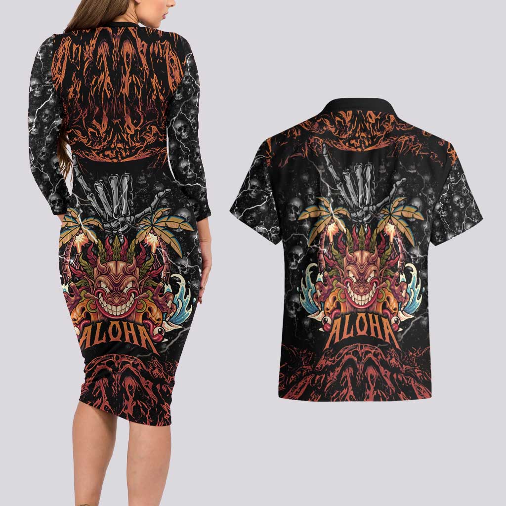 Aloha Halloween Couples Matching Long Sleeve Bodycon Dress and Hawaiian Shirt Horror Tiki Heavy Metal Style - Wonder Print Shop