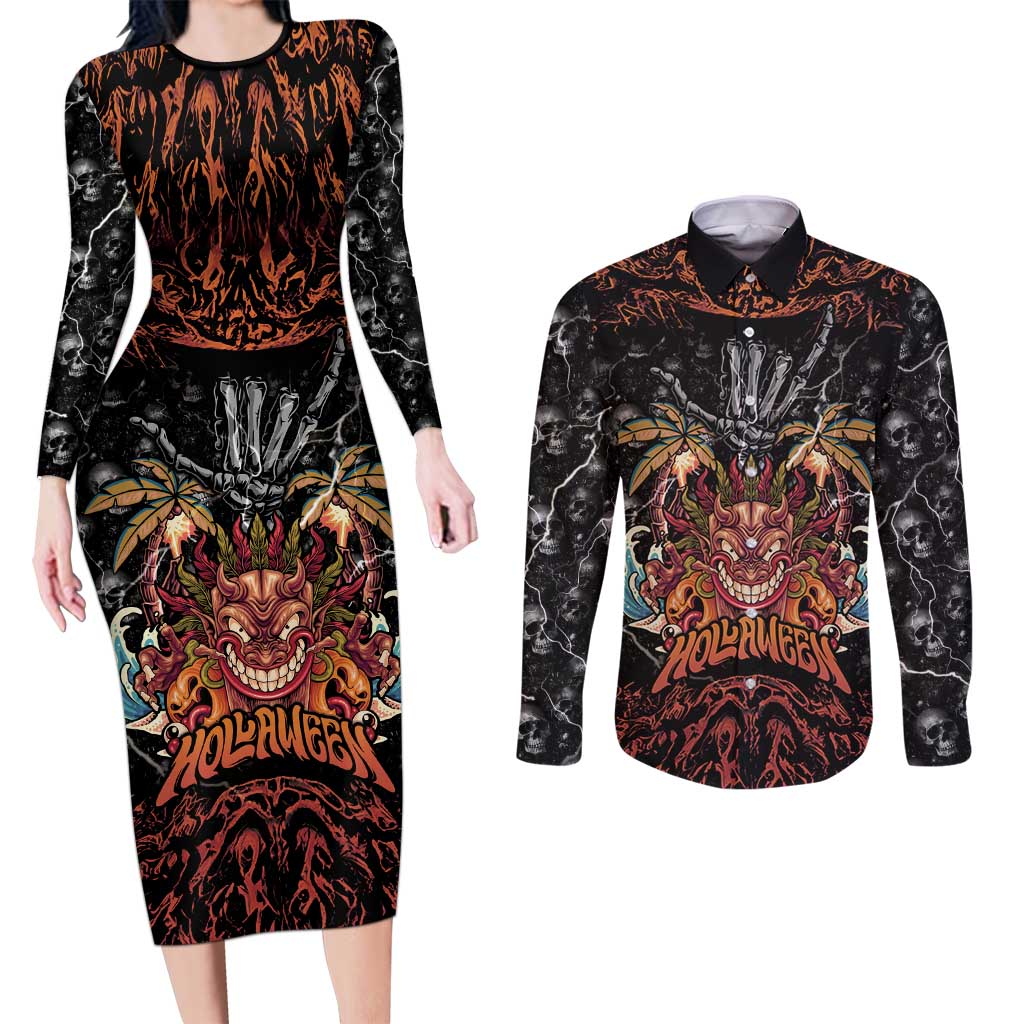 Aloha Halloween Couples Matching Long Sleeve Bodycon Dress and Long Sleeve Button Shirt Horror Tiki Heavy Metal Style - Wonder Print Shop