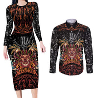 Aloha Halloween Couples Matching Long Sleeve Bodycon Dress and Long Sleeve Button Shirt Horror Tiki Heavy Metal Style - Wonder Print Shop
