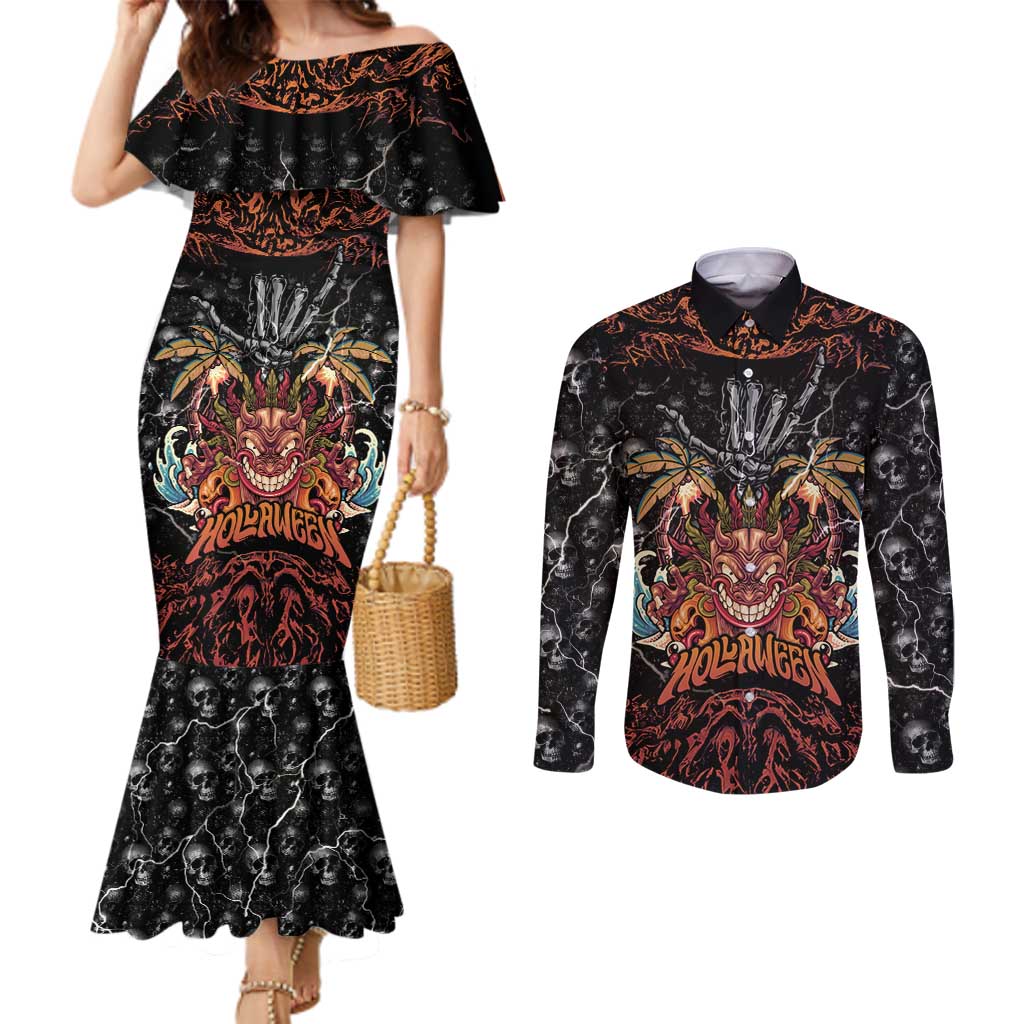 Aloha Halloween Couples Matching Mermaid Dress and Long Sleeve Button Shirt Horror Tiki Heavy Metal Style - Wonder Print Shop