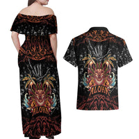 Aloha Halloween Couples Matching Off Shoulder Maxi Dress and Hawaiian Shirt Horror Tiki Heavy Metal Style - Wonder Print Shop