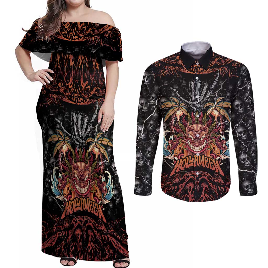 Aloha Halloween Couples Matching Off Shoulder Maxi Dress and Long Sleeve Button Shirt Horror Tiki Heavy Metal Style - Wonder Print Shop