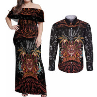 Aloha Halloween Couples Matching Off Shoulder Maxi Dress and Long Sleeve Button Shirt Horror Tiki Heavy Metal Style - Wonder Print Shop