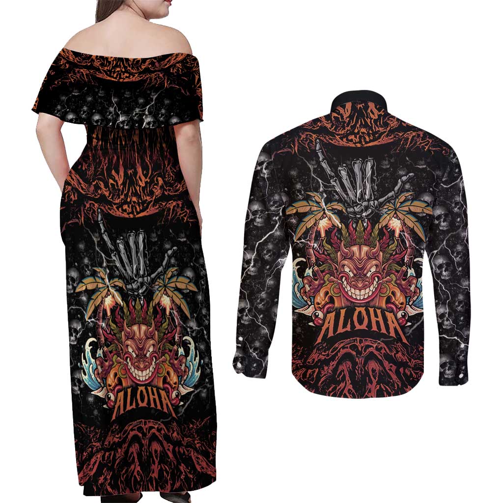 Aloha Halloween Couples Matching Off Shoulder Maxi Dress and Long Sleeve Button Shirt Horror Tiki Heavy Metal Style - Wonder Print Shop