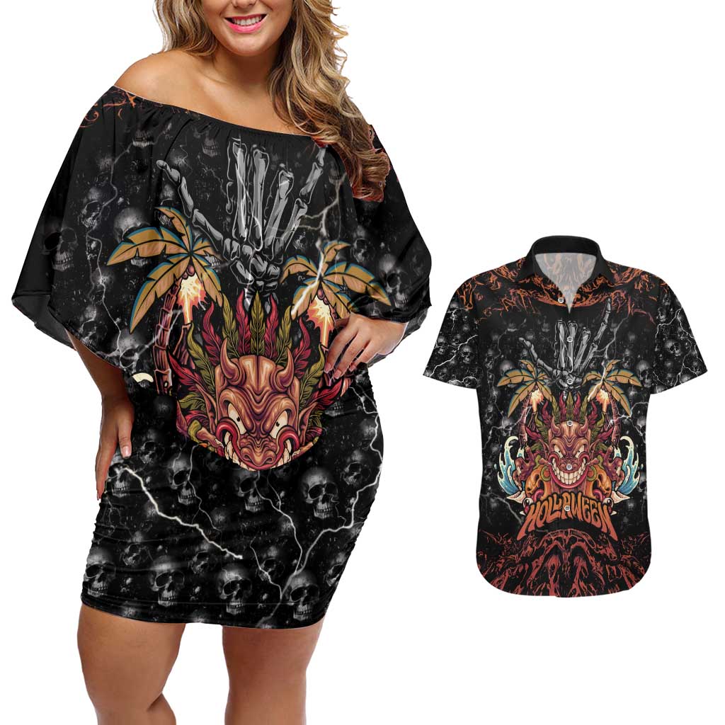 Aloha Halloween Couples Matching Off Shoulder Short Dress and Hawaiian Shirt Horror Tiki Heavy Metal Style - Wonder Print Shop