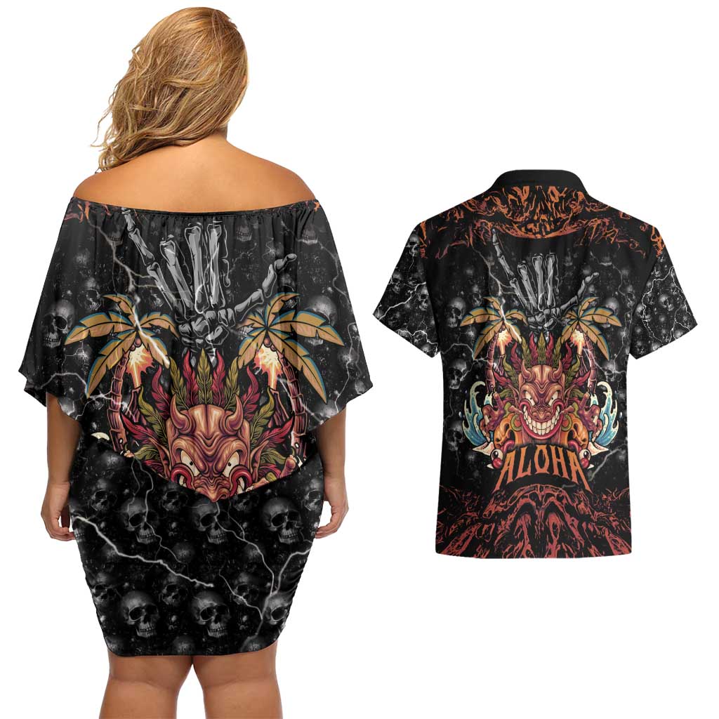 Aloha Halloween Couples Matching Off Shoulder Short Dress and Hawaiian Shirt Horror Tiki Heavy Metal Style - Wonder Print Shop