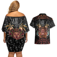 Aloha Halloween Couples Matching Off Shoulder Short Dress and Hawaiian Shirt Horror Tiki Heavy Metal Style - Wonder Print Shop