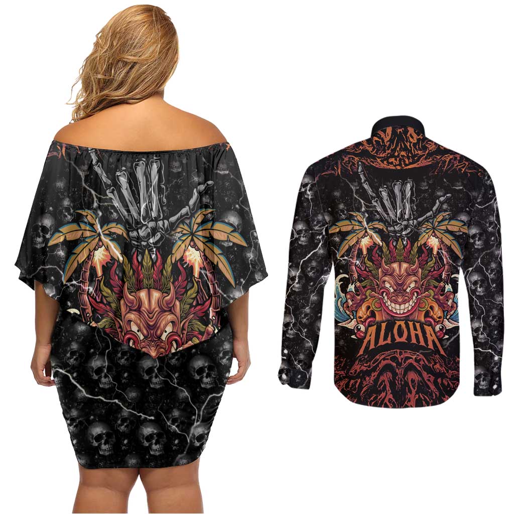 Aloha Halloween Couples Matching Off Shoulder Short Dress and Long Sleeve Button Shirt Horror Tiki Heavy Metal Style - Wonder Print Shop