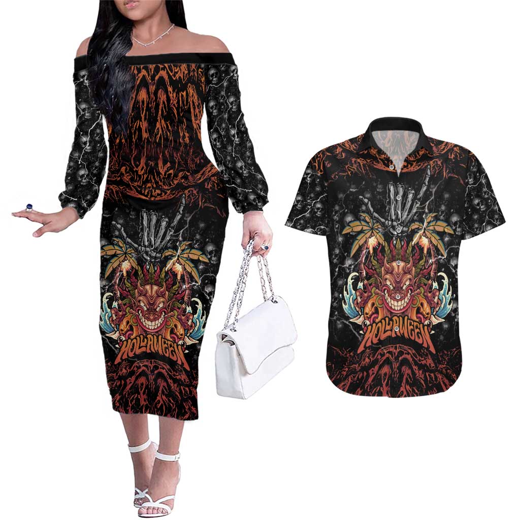 Aloha Halloween Couples Matching Off The Shoulder Long Sleeve Dress and Hawaiian Shirt Horror Tiki Heavy Metal Style - Wonder Print Shop