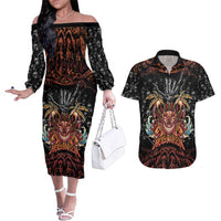 Aloha Halloween Couples Matching Off The Shoulder Long Sleeve Dress and Hawaiian Shirt Horror Tiki Heavy Metal Style - Wonder Print Shop