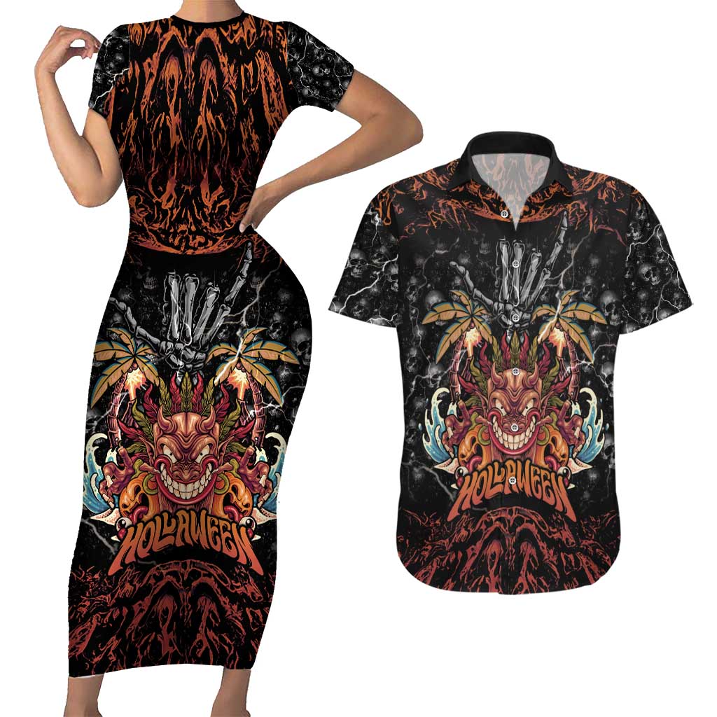 Aloha Halloween Couples Matching Short Sleeve Bodycon Dress and Hawaiian Shirt Horror Tiki Heavy Metal Style - Wonder Print Shop