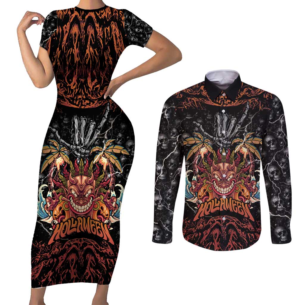 Aloha Halloween Couples Matching Short Sleeve Bodycon Dress and Long Sleeve Button Shirt Horror Tiki Heavy Metal Style - Wonder Print Shop