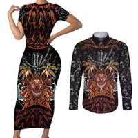 Aloha Halloween Couples Matching Short Sleeve Bodycon Dress and Long Sleeve Button Shirt Horror Tiki Heavy Metal Style - Wonder Print Shop
