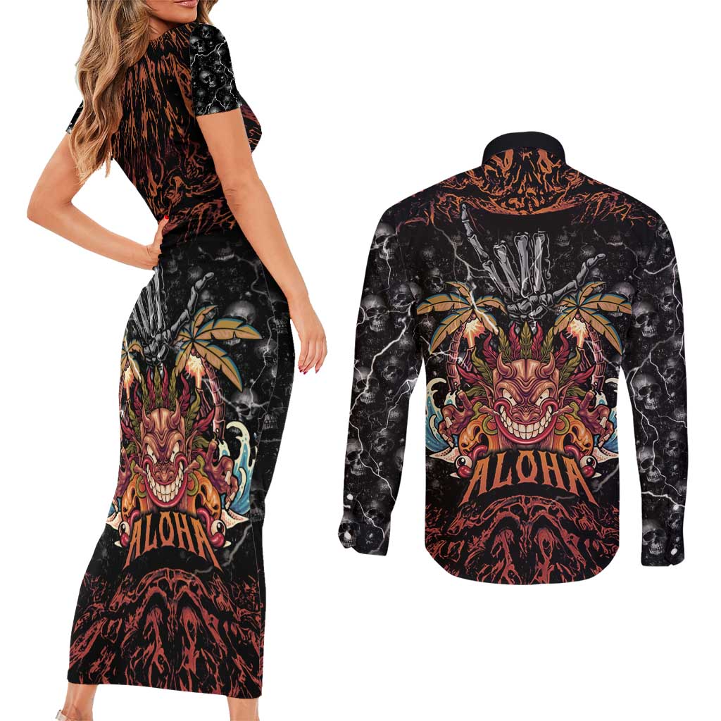 Aloha Halloween Couples Matching Short Sleeve Bodycon Dress and Long Sleeve Button Shirt Horror Tiki Heavy Metal Style - Wonder Print Shop