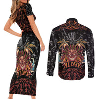 Aloha Halloween Couples Matching Short Sleeve Bodycon Dress and Long Sleeve Button Shirt Horror Tiki Heavy Metal Style - Wonder Print Shop
