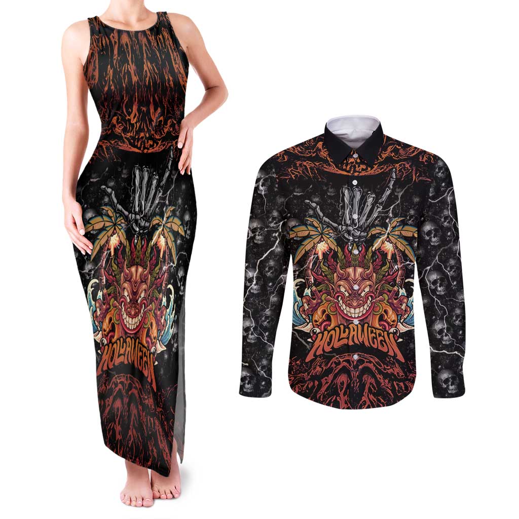 Aloha Halloween Couples Matching Tank Maxi Dress and Long Sleeve Button Shirt Horror Tiki Heavy Metal Style - Wonder Print Shop
