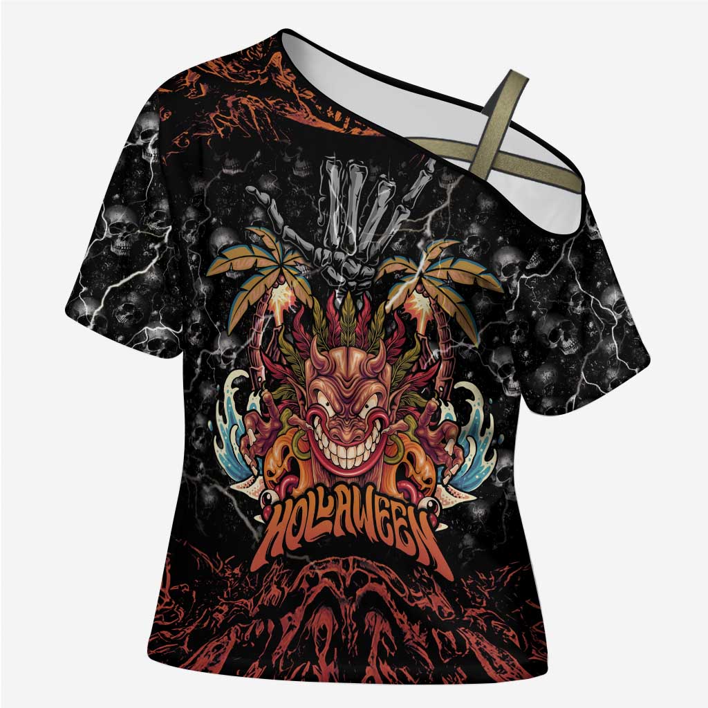 Aloha Halloween Cross Shoulder Shirt Horror Tiki Heavy Metal Style - Wonder Print Shop