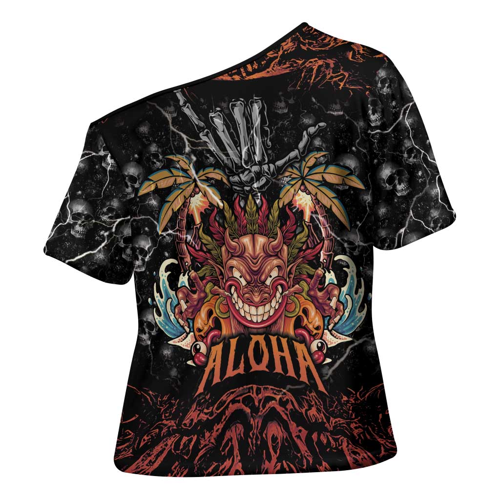 Aloha Halloween Cross Shoulder Shirt Horror Tiki Heavy Metal Style - Wonder Print Shop