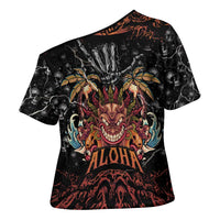 Aloha Halloween Cross Shoulder Shirt Horror Tiki Heavy Metal Style - Wonder Print Shop