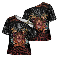 Aloha Halloween Cross Shoulder Shirt Horror Tiki Heavy Metal Style - Wonder Print Shop