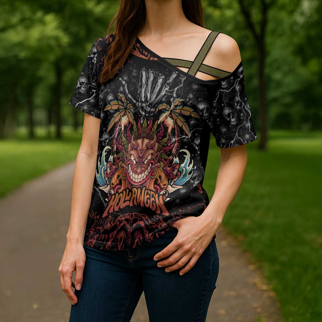 Aloha Halloween Cross Shoulder Shirt Horror Tiki Heavy Metal Style - Wonder Print Shop