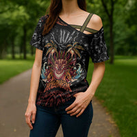 Aloha Halloween Cross Shoulder Shirt Horror Tiki Heavy Metal Style - Wonder Print Shop
