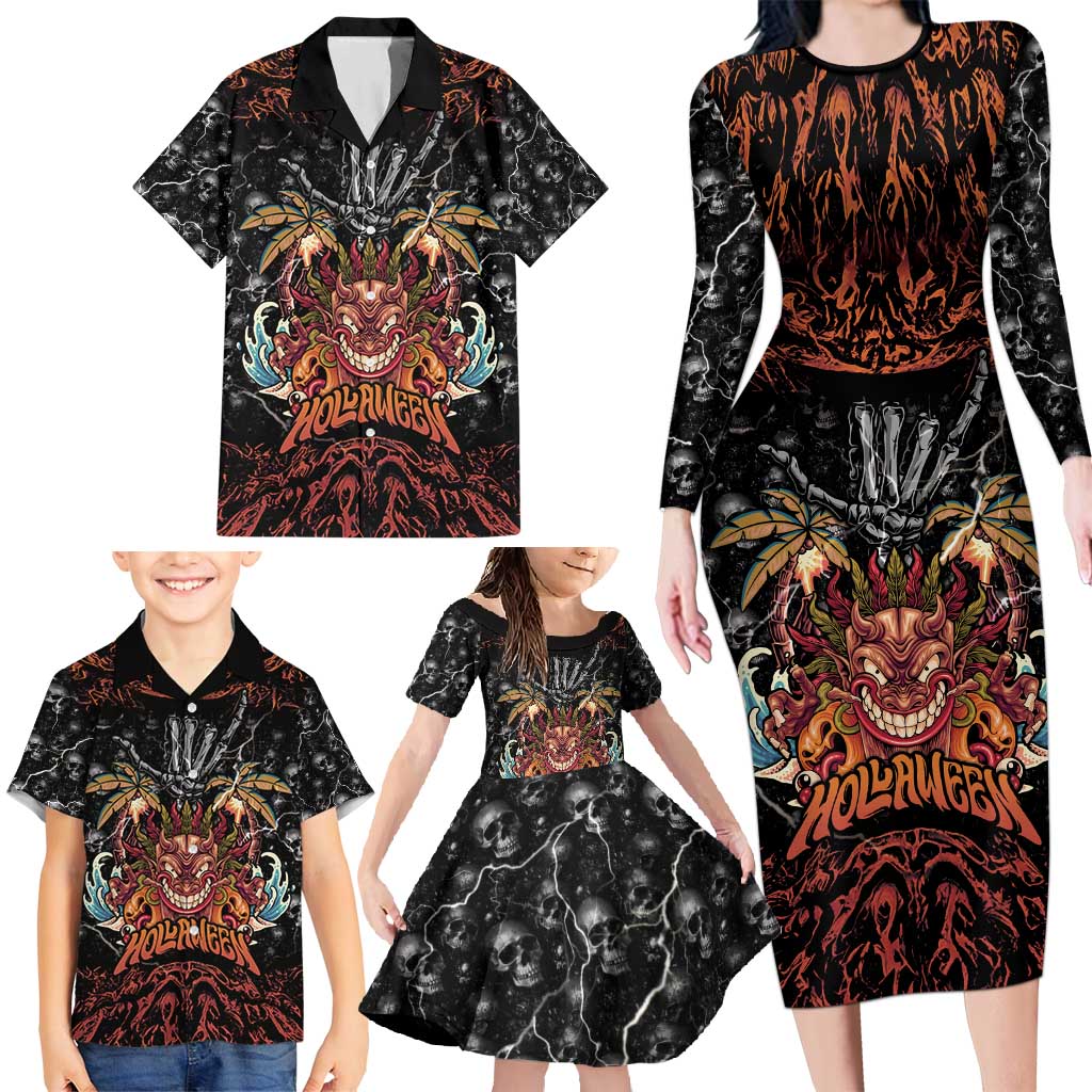Aloha Halloween Family Matching Long Sleeve Bodycon Dress and Hawaiian Shirt Horror Tiki Heavy Metal Style - Wonder Print Shop