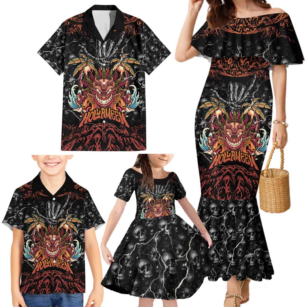 Aloha Halloween Family Matching Mermaid Dress and Hawaiian Shirt Horror Tiki Heavy Metal Style - Wonder Print Shop