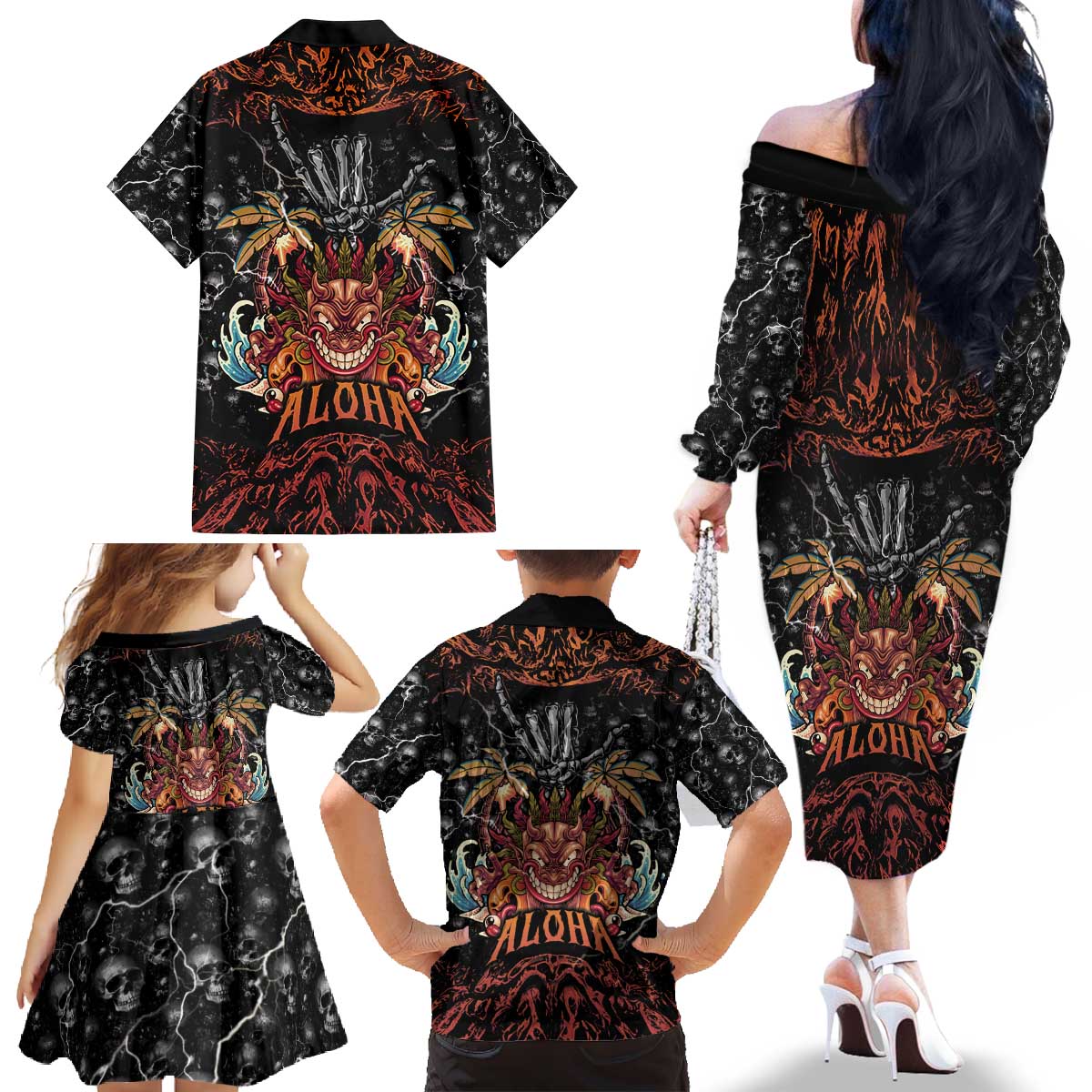 Aloha Halloween Family Matching Off The Shoulder Long Sleeve Dress and Hawaiian Shirt Horror Tiki Heavy Metal Style - Wonder Print Shop