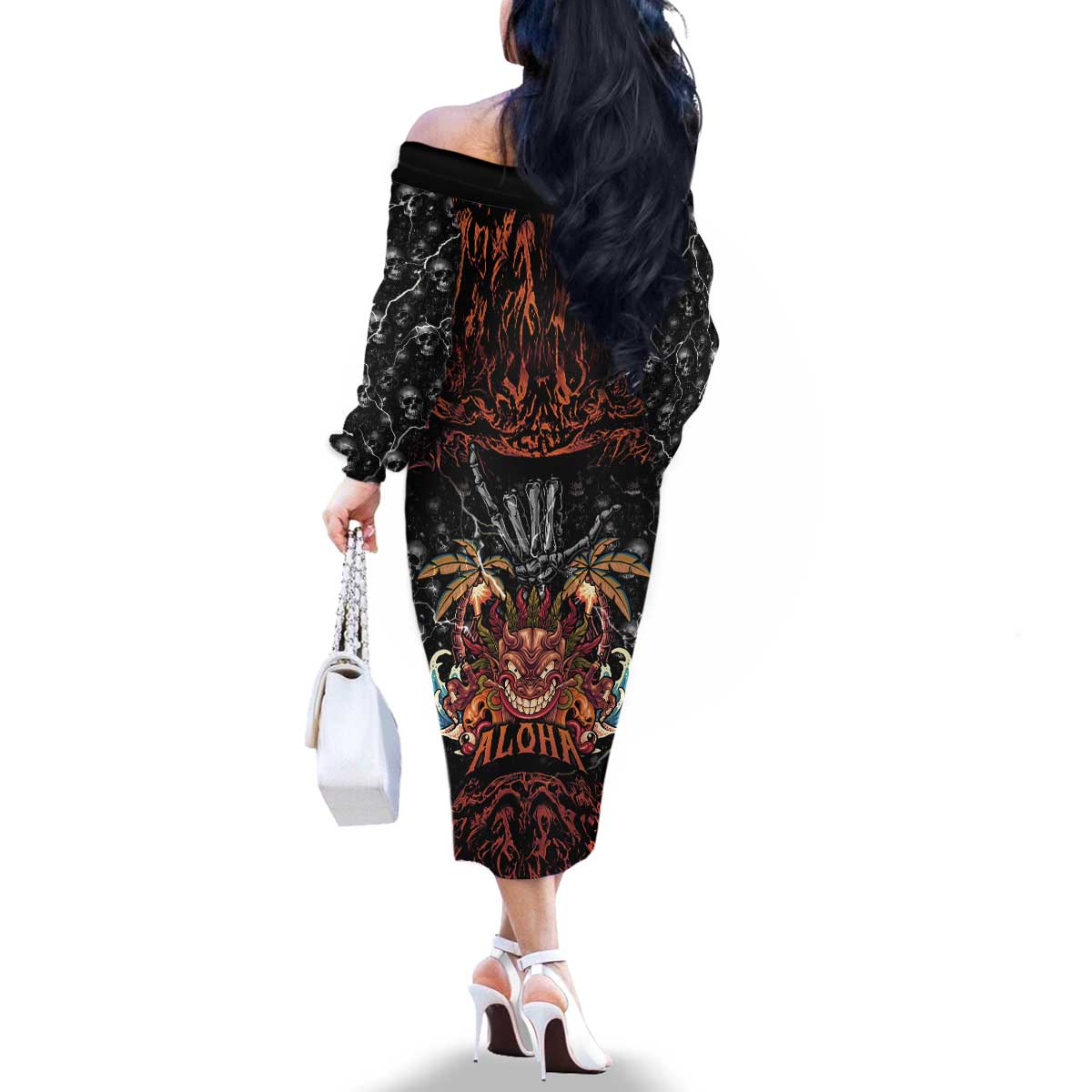 Aloha Halloween Family Matching Off The Shoulder Long Sleeve Dress and Hawaiian Shirt Horror Tiki Heavy Metal Style - Wonder Print Shop