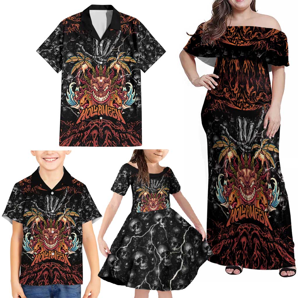 Aloha Halloween Family Matching Off Shoulder Maxi Dress and Hawaiian Shirt Horror Tiki Heavy Metal Style - Wonder Print Shop
