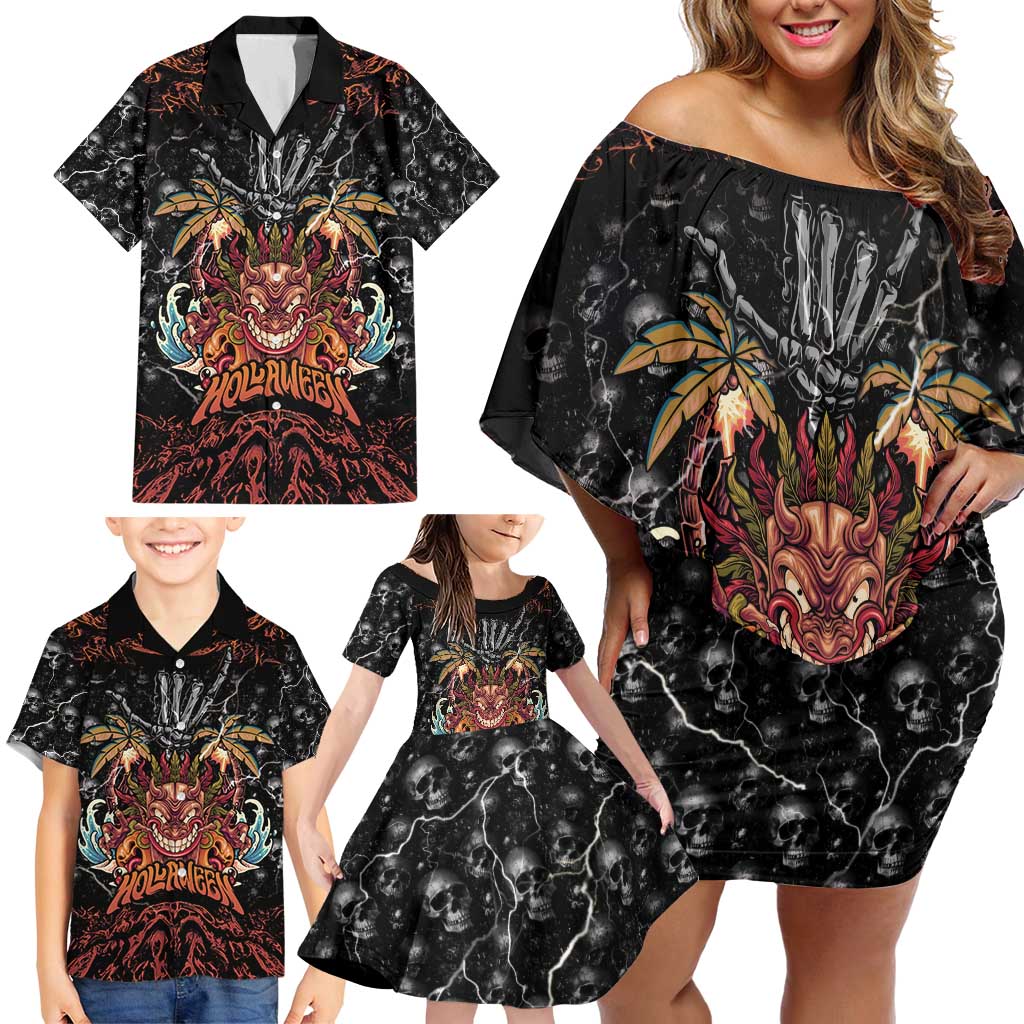 Aloha Halloween Family Matching Off Shoulder Short Dress and Hawaiian Shirt Horror Tiki Heavy Metal Style - Wonder Print Shop