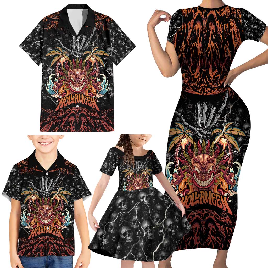 Aloha Halloween Family Matching Short Sleeve Bodycon Dress and Hawaiian Shirt Horror Tiki Heavy Metal Style - Wonder Print Shop