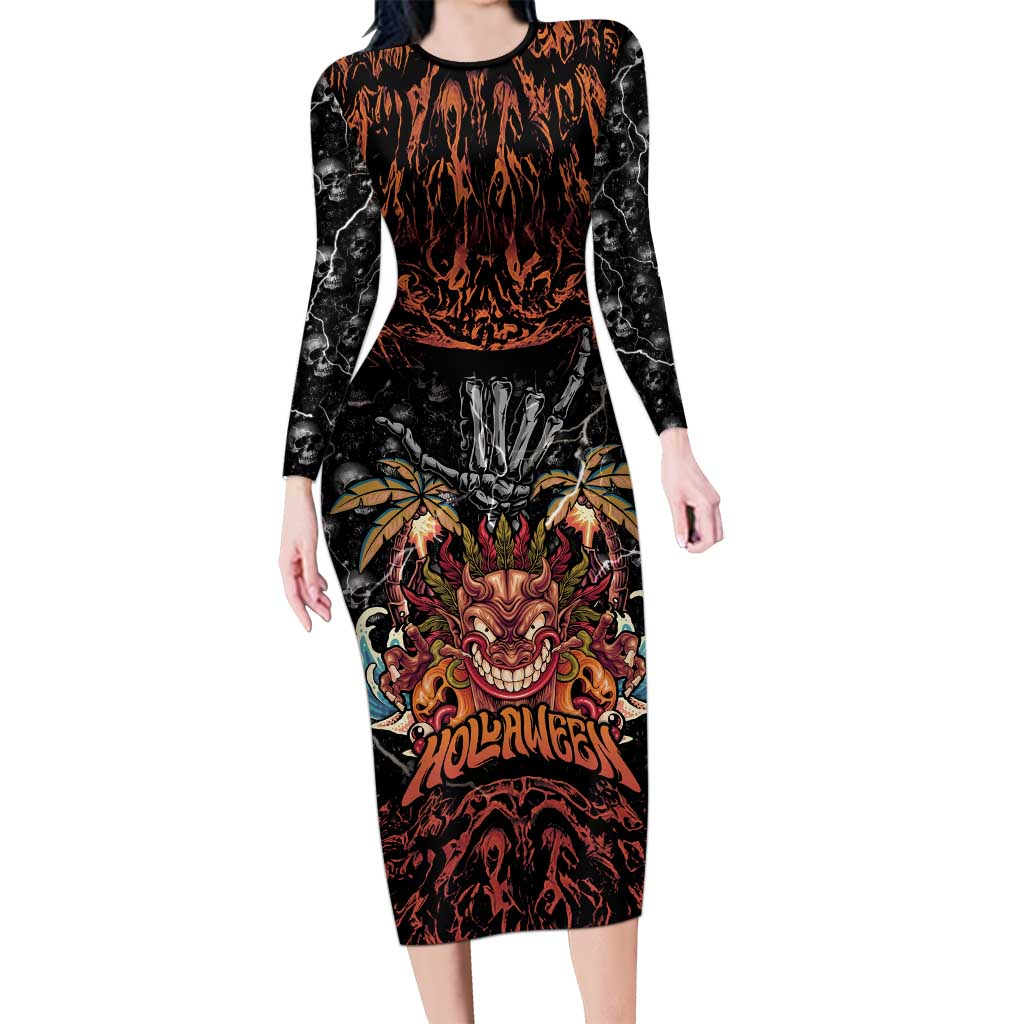 Aloha Halloween Long Sleeve Bodycon Dress Horror Tiki Heavy Metal Style - Wonder Print Shop