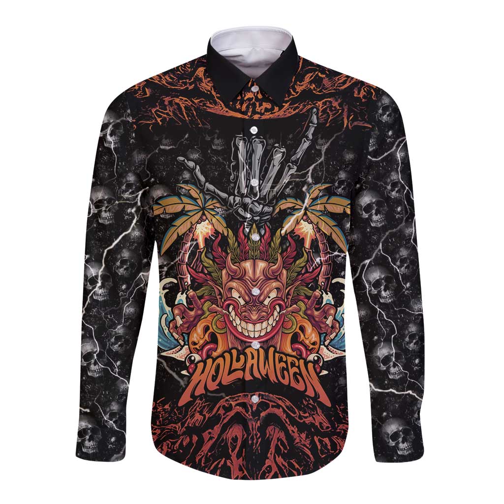 Aloha Halloween Long Sleeve Button Shirt Horror Tiki Heavy Metal Style - Wonder Print Shop