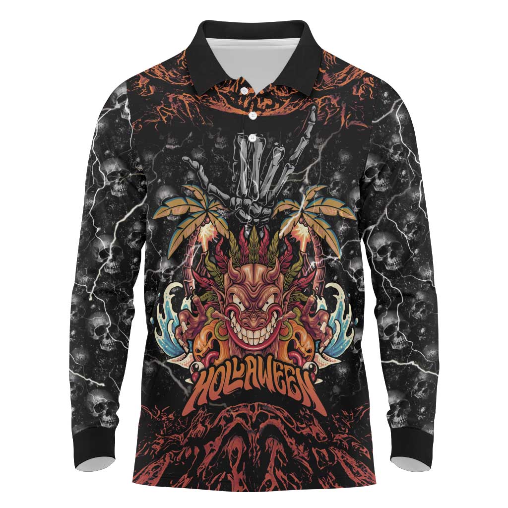 Aloha Halloween Long Sleeve Polo Shirt Horror Tiki Heavy Metal Style - Wonder Print Shop