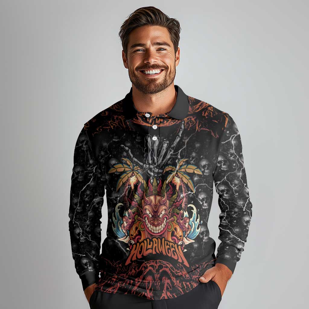 Aloha Halloween Long Sleeve Polo Shirt Horror Tiki Heavy Metal Style - Wonder Print Shop