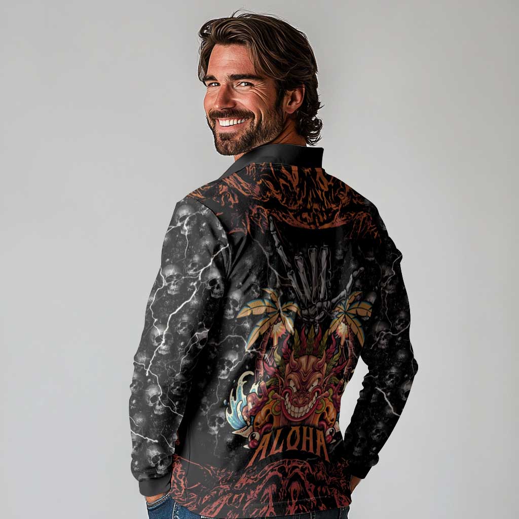 Aloha Halloween Long Sleeve Polo Shirt Horror Tiki Heavy Metal Style - Wonder Print Shop