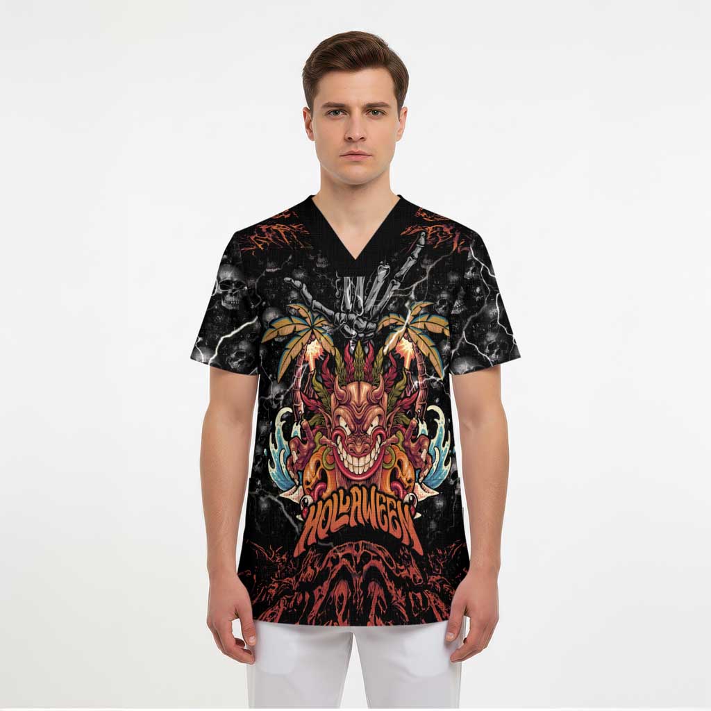 Aloha Halloween Scrub Top Horror Tiki Heavy Metal Style - Wonder Print Shop