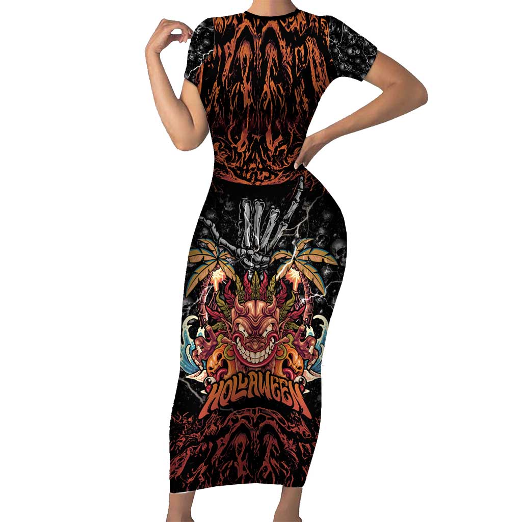 Aloha Halloween Short Sleeve Bodycon Dress Horror Tiki Heavy Metal Style - Wonder Print Shop