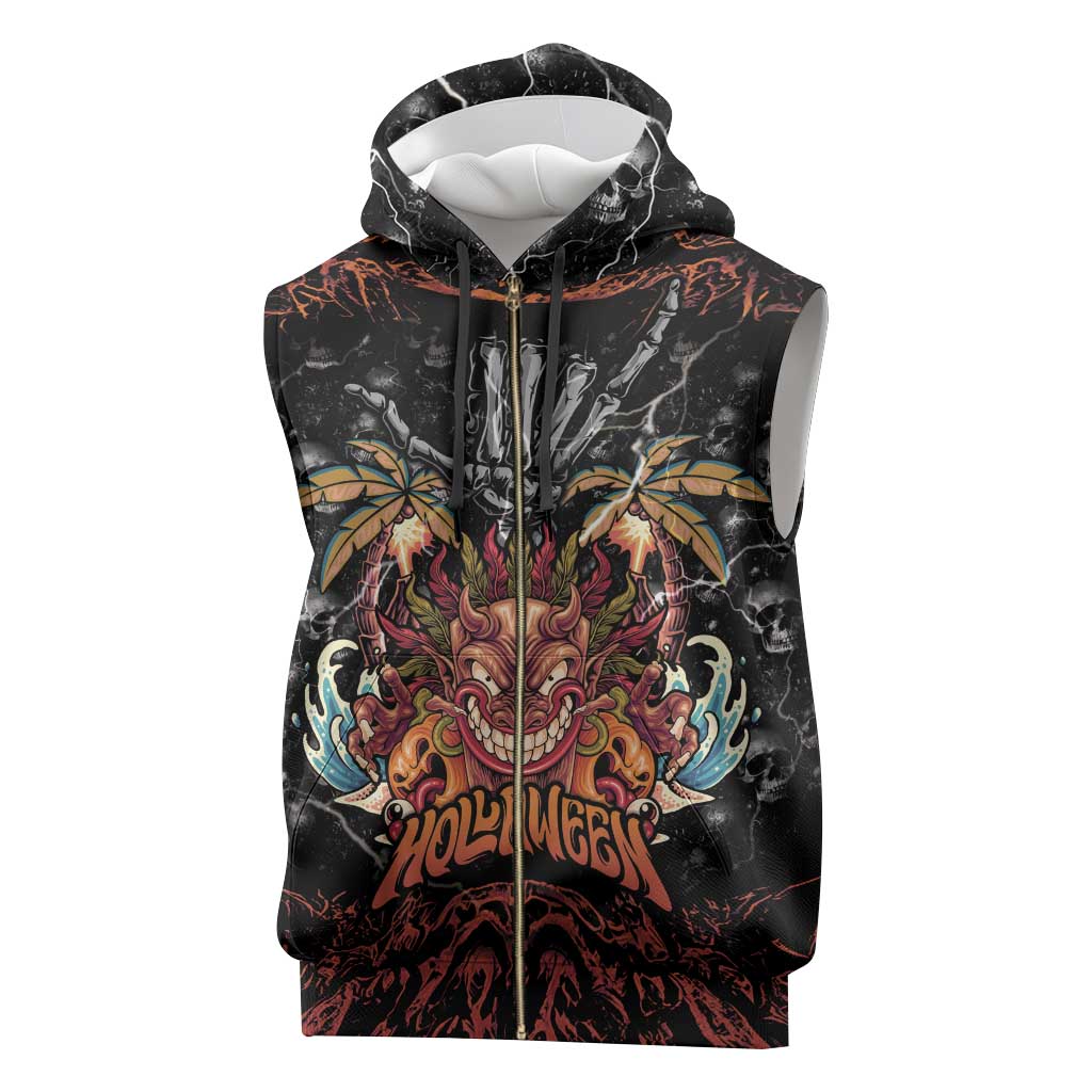 Aloha Halloween Sleeveless Zip Hoodie Horror Tiki Heavy Metal Style - Wonder Print Shop