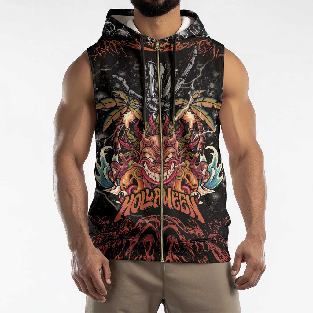 Aloha Halloween Sleeveless Zip Hoodie Horror Tiki Heavy Metal Style - Wonder Print Shop