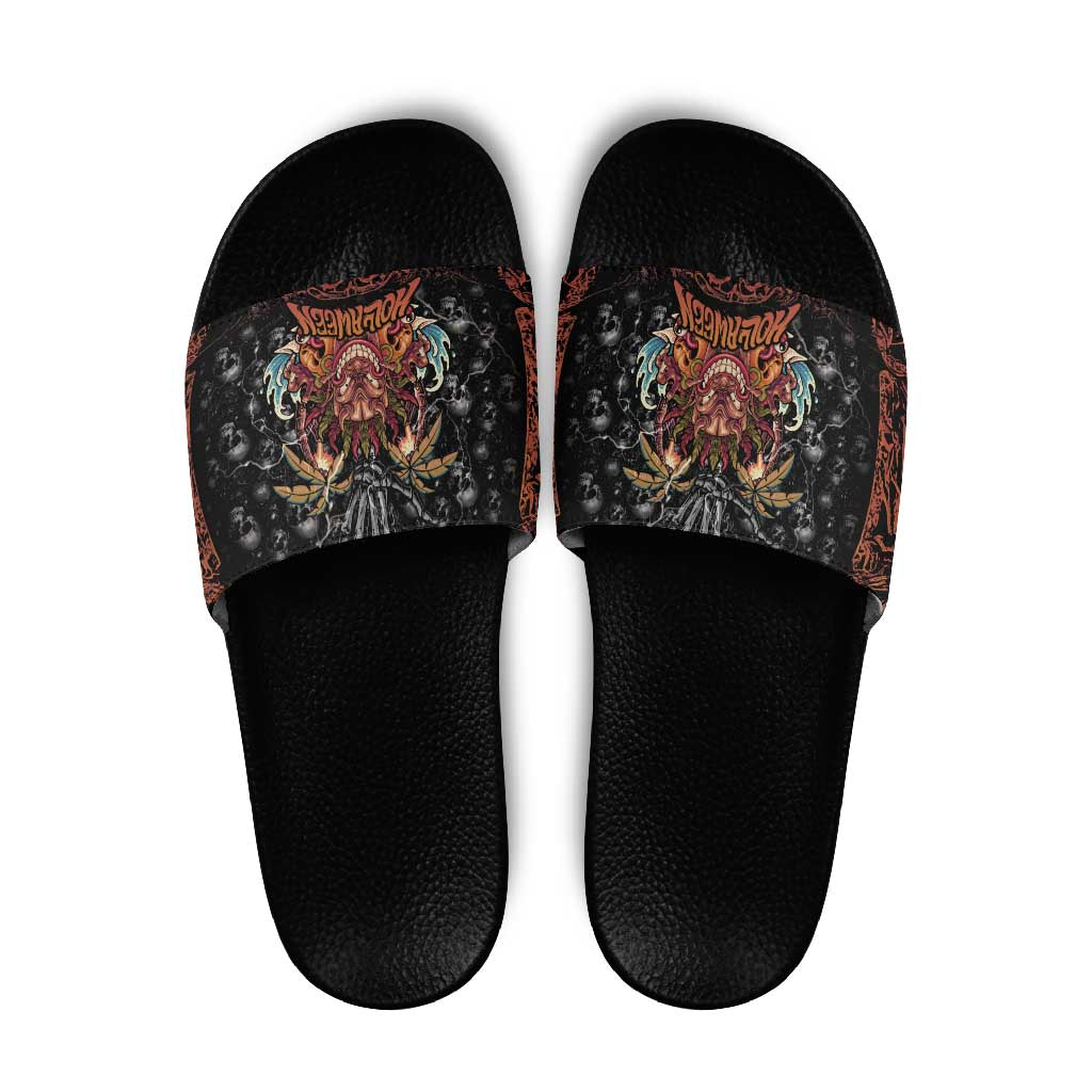 Aloha Halloween Slide Sandals Horror Tiki Heavy Metal Style - Wonder Print Shop