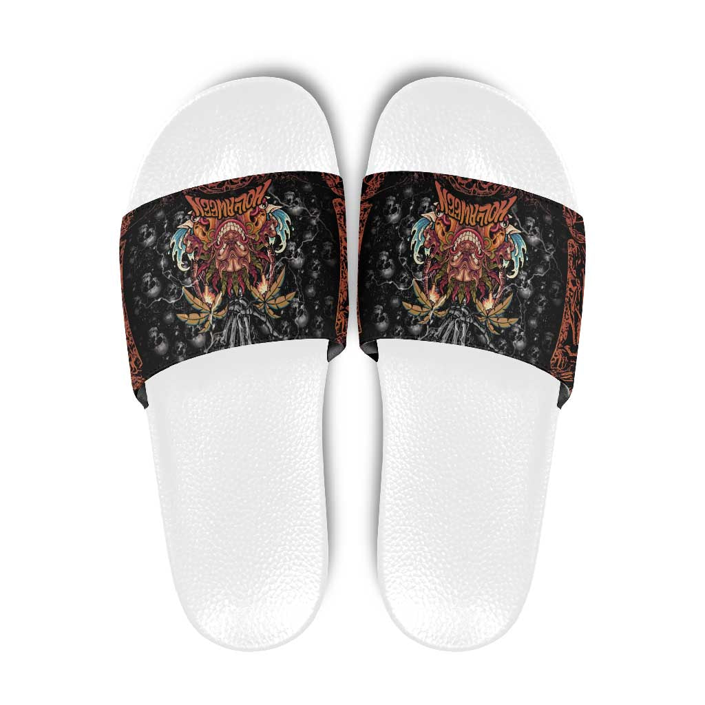 Aloha Halloween Slide Sandals Horror Tiki Heavy Metal Style - Wonder Print Shop