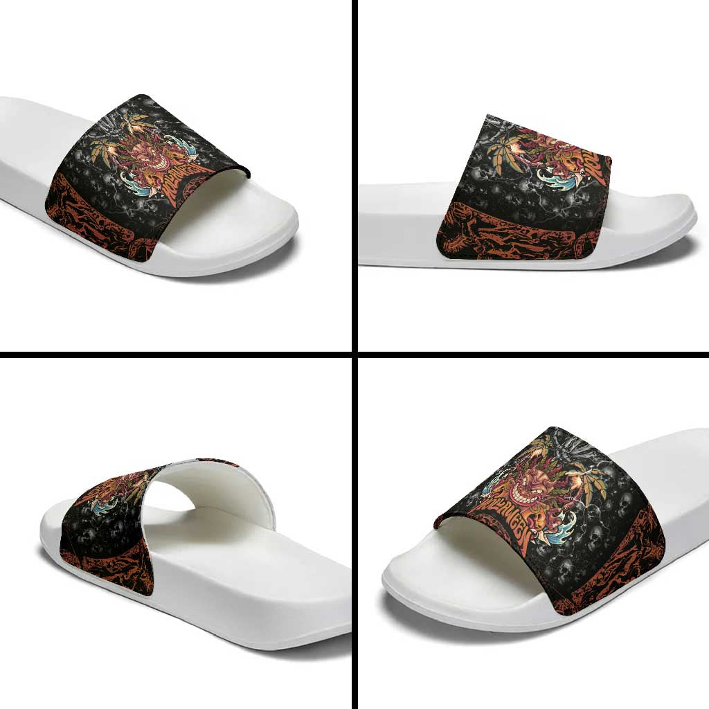 Aloha Halloween Slide Sandals Horror Tiki Heavy Metal Style - Wonder Print Shop