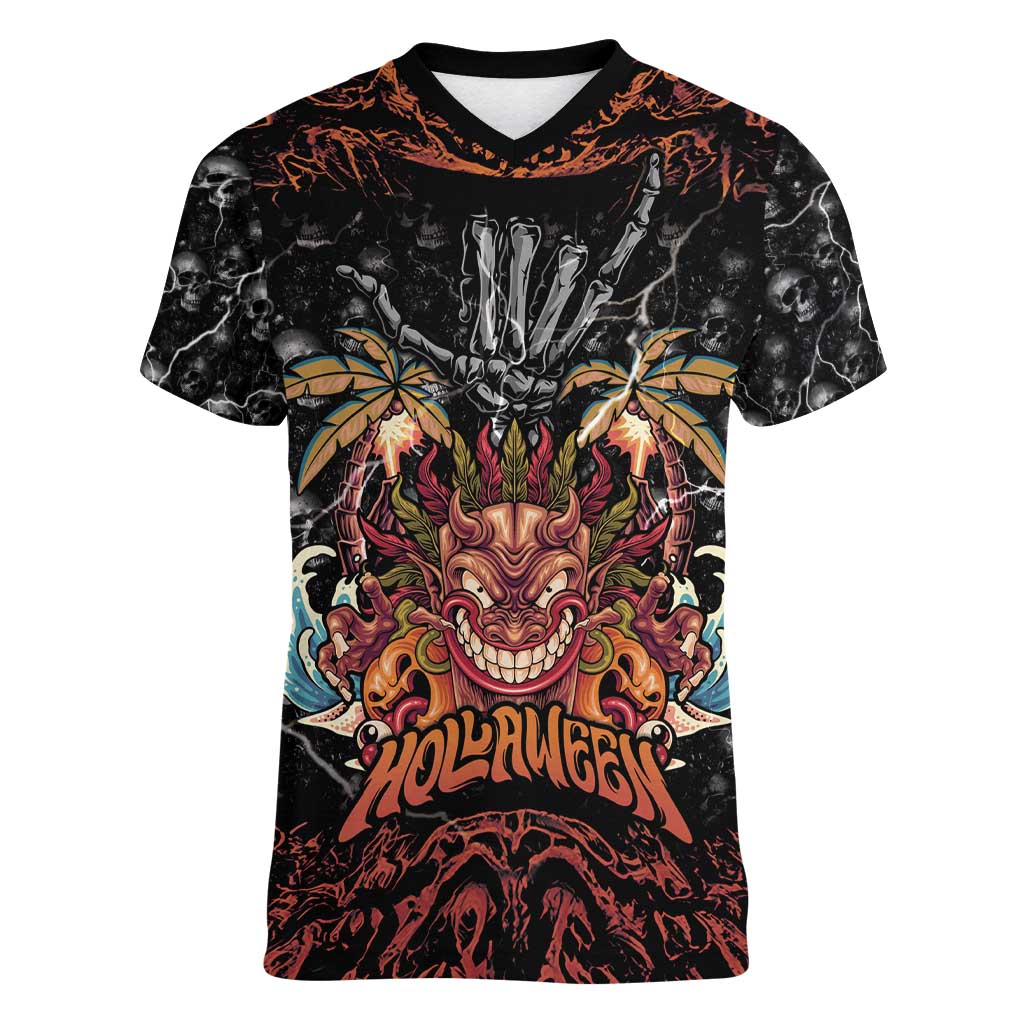 Aloha Halloween Women V-Neck T-Shirt Horror Tiki Heavy Metal Style - Wonder Print Shop