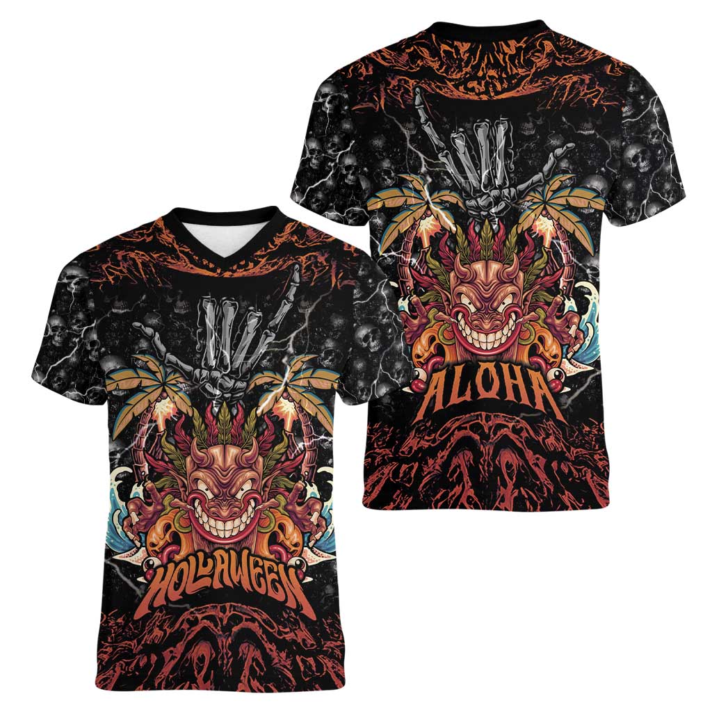 Aloha Halloween Women V-Neck T-Shirt Horror Tiki Heavy Metal Style - Wonder Print Shop