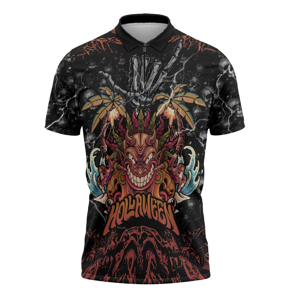 Aloha Halloween Zipper Polo Shirt Horror Tiki Heavy Metal Style - Wonder Print Shop